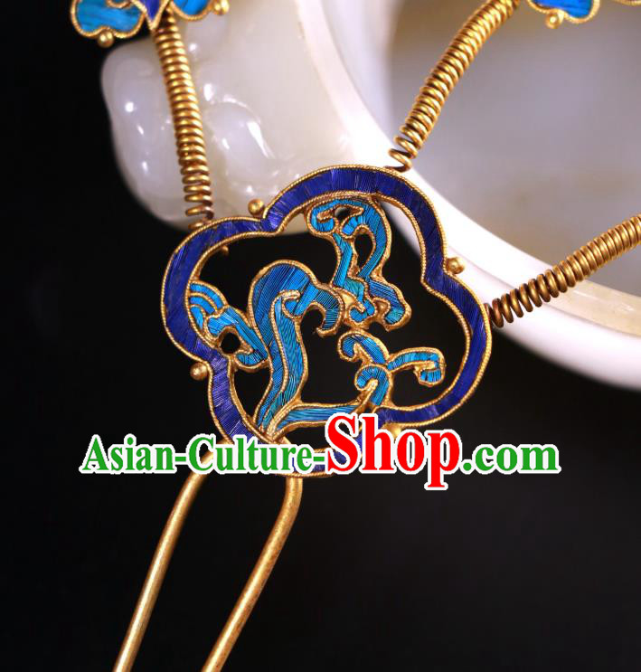 China Traditional Handmade Blueing Butterfly Hair Stick Ancient Qing Dynasty Court Empress Pearls Hairpin