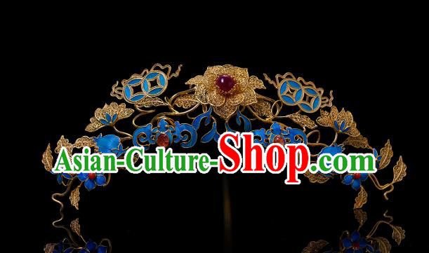 China Traditional Court Filigree Peony Hair Jewelry Qing Dynasty Hair Accessories Ancient Empress Blueing Hair Crown