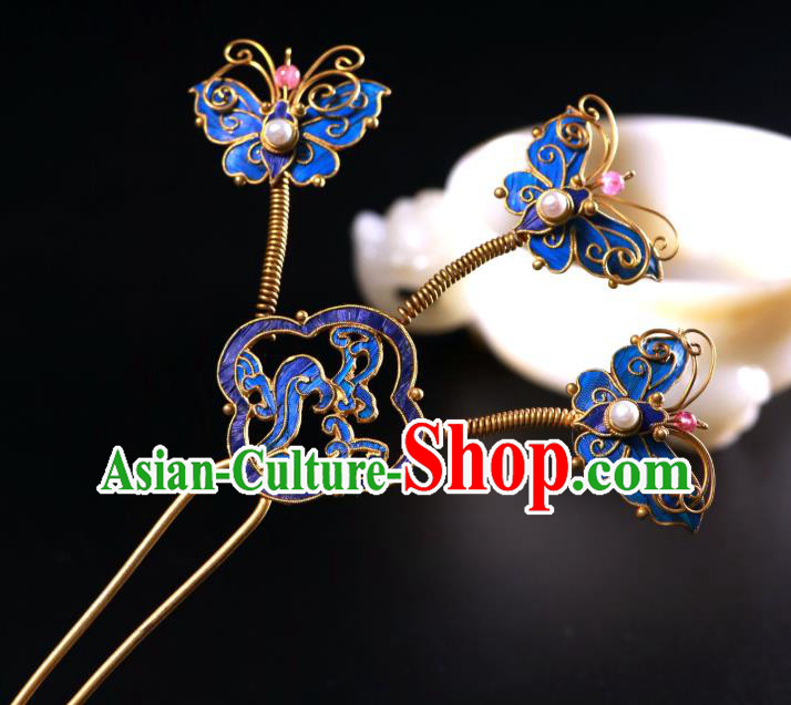 China Traditional Handmade Blueing Butterfly Hair Stick Ancient Qing Dynasty Court Empress Pearls Hairpin