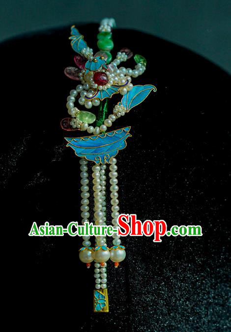 China Ancient Empress Hairpin Traditional Court Jade Hair Jewelry Qing Dynasty Pearls Tassel Hair Clasp