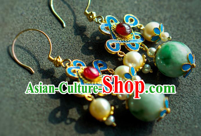 Chinese Qing Dynasty Palace Lady Pearls Ear Accessories Ancient Empress Jadeite Earrings