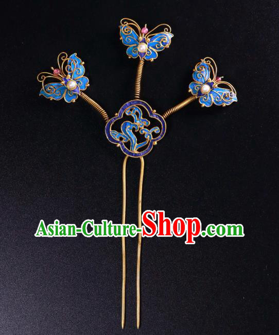 China Traditional Handmade Blueing Butterfly Hair Stick Ancient Qing Dynasty Court Empress Pearls Hairpin