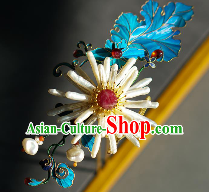 China Ancient Empress Blueing Hairpin Traditional Court Ruby Hair Jewelry Qing Dynasty Pearls Chrysanthemum Hair Stick