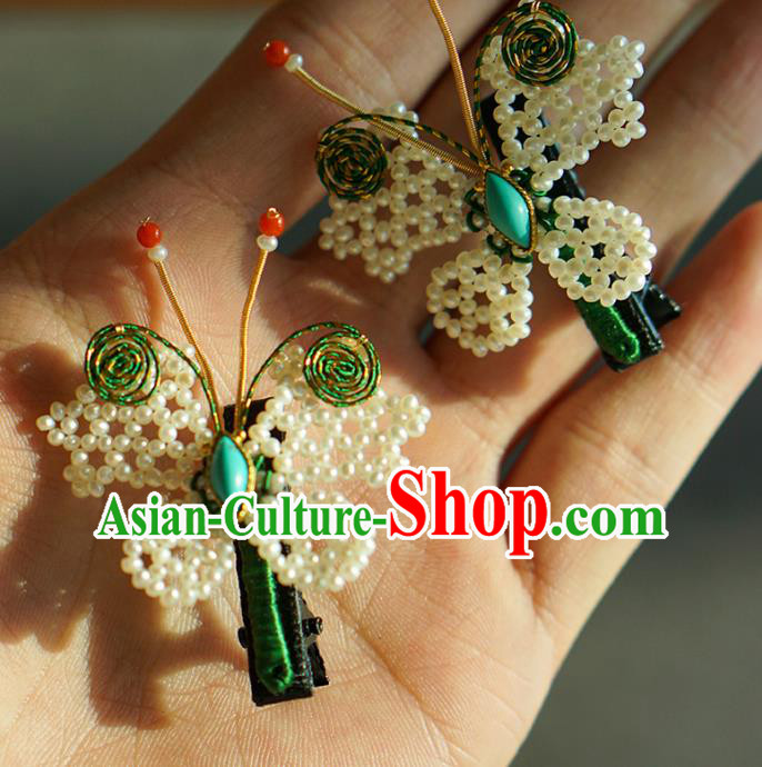 China Ancient Empress Pearls Butterfly Hairpin Traditional Court Ruby Hair Jewelry Qing Dynasty Kallaite Hair Claw
