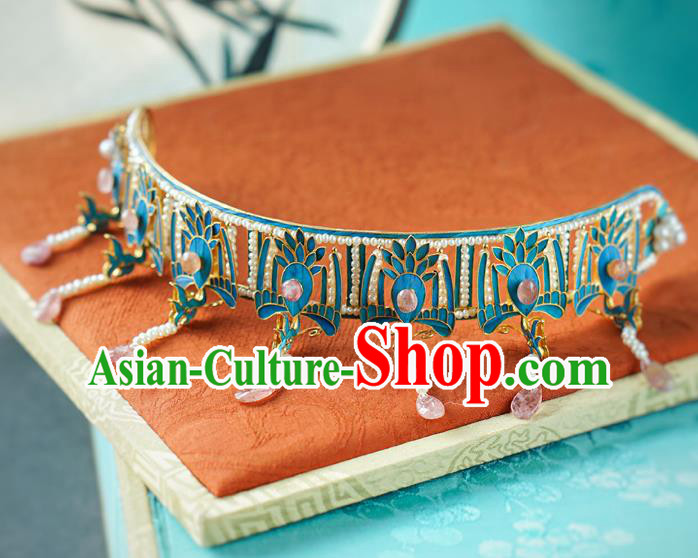 China Ming Dynasty Queen Pearls Tassel Hair Crown Traditional Court Hair Jewelry Ancient Empress Tourmaline Phoenix Coronet