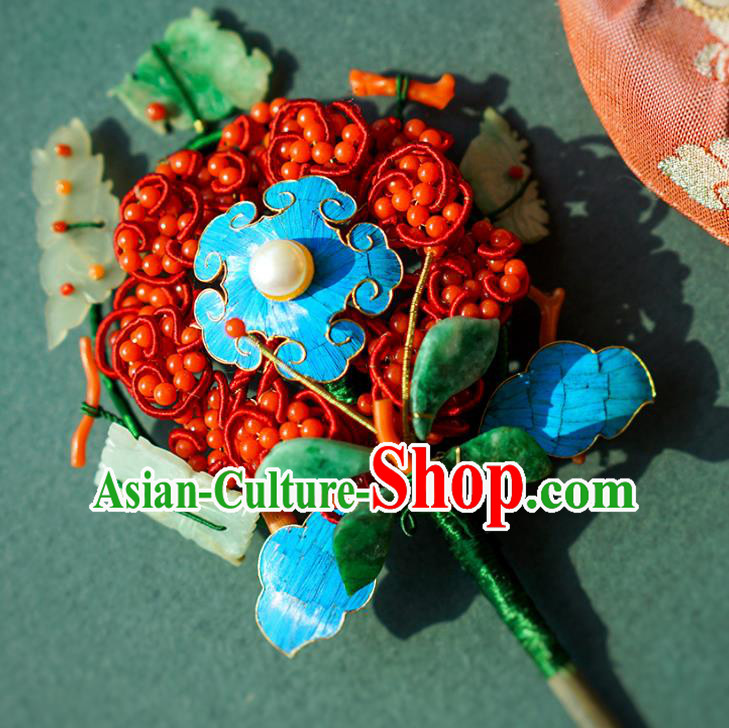 China Qing Dynasty Queen Jade Butterfly Hair Stick Traditional Court Hair Jewelry Ancient Empress Red Beads Hairpin