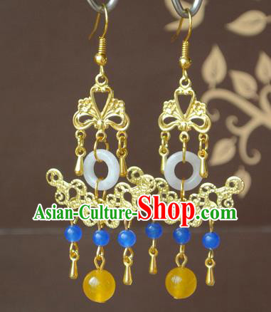 Chinese Tang Dynasty Empress Jade Ear Accessories Ancient Queen Wu Meiniang Golden Earrings