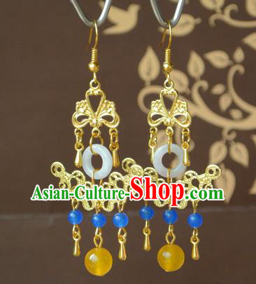 Chinese Tang Dynasty Empress Jade Ear Accessories Ancient Queen Wu Meiniang Golden Earrings