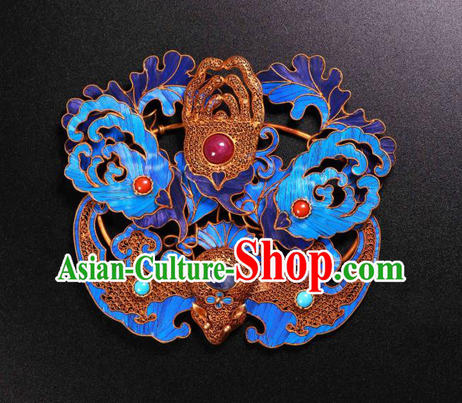China Ancient Qing Dynasty Court Empress Gems Hairpin Traditional Handmade Filigree Bat Hair Crown