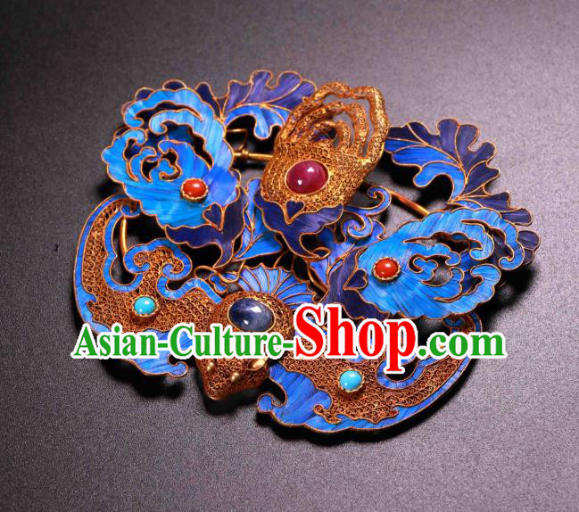 China Ancient Qing Dynasty Court Empress Gems Hairpin Traditional Handmade Filigree Bat Hair Crown