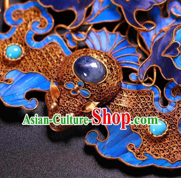 China Ancient Qing Dynasty Court Empress Gems Hairpin Traditional Handmade Filigree Bat Hair Crown