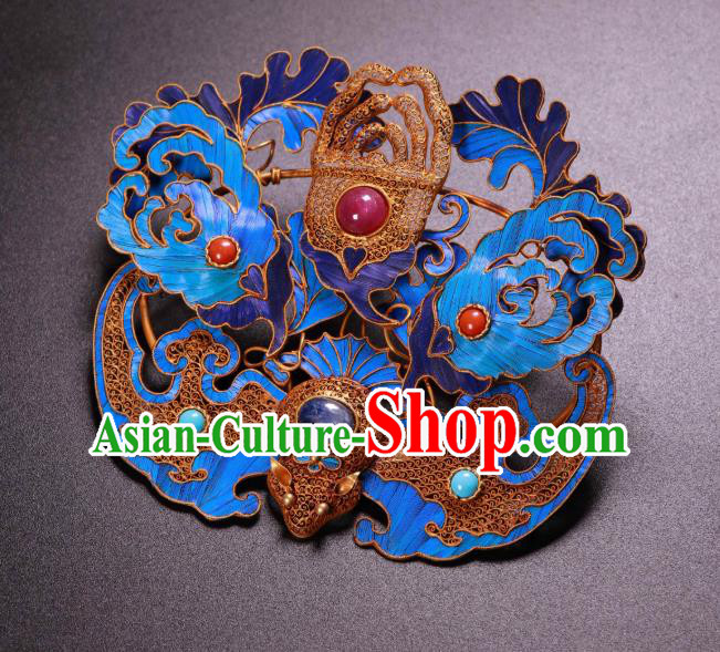 China Ancient Qing Dynasty Court Empress Gems Hairpin Traditional Handmade Filigree Bat Hair Crown