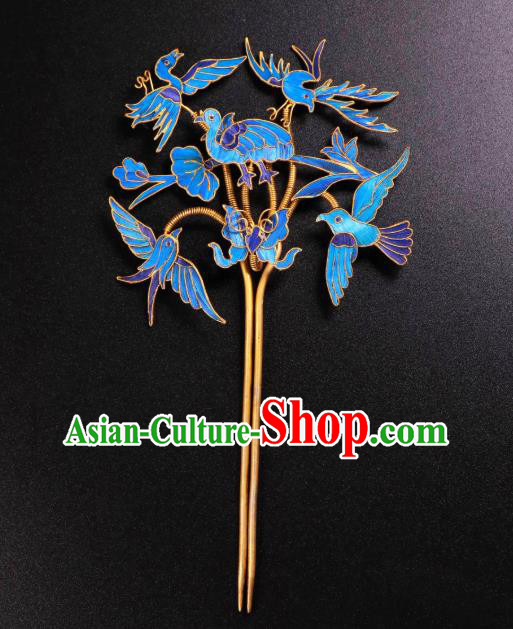 China Handmade Blueing Birds Hair Stick Ancient Qing Dynasty Imperial Consort Hairpin