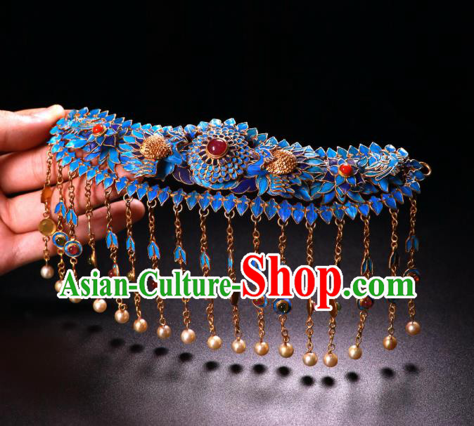 China Handmade Pearls Tassel Ruby Hair Crown Ancient Qing Dynasty Imperial Empress Cloisonne Chrysanthemum Hairpin