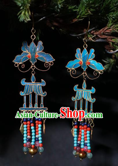 Chinese Ancient Qing Dynasty Blueing Butterfly Ear Accessories Classical Cheongsam Colorful Beads Tassel Earrings Jewelry