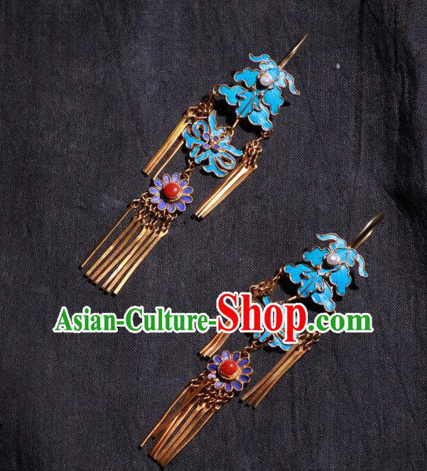 Chinese Classical Earrings Jewelry Ancient Qing Dynasty Court Woman Blueing Ear Accessories