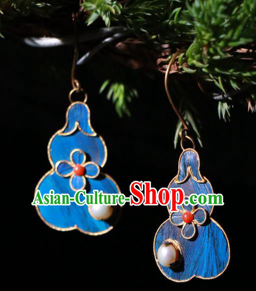 Chinese Ancient Palace Blueing Gourd Ear Accessories Qing Dynasty Earrings Classical Pearl Jewelry