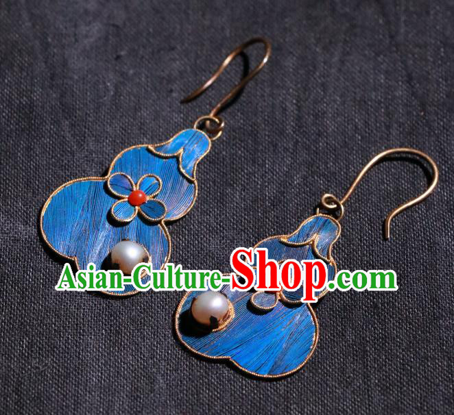 Chinese Ancient Palace Blueing Gourd Ear Accessories Qing Dynasty Earrings Classical Pearl Jewelry