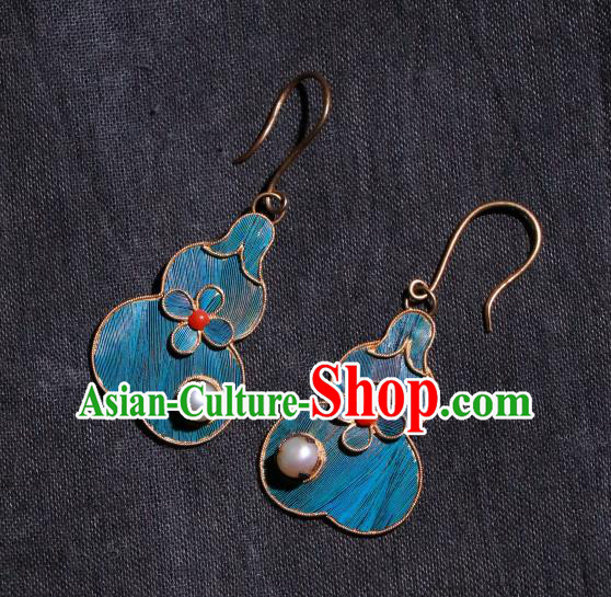 Chinese Ancient Palace Blueing Gourd Ear Accessories Qing Dynasty Earrings Classical Pearl Jewelry