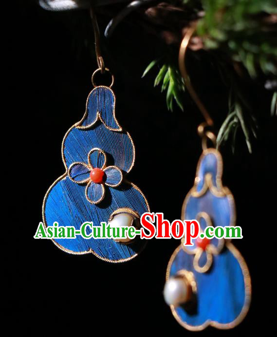 Chinese Ancient Palace Blueing Gourd Ear Accessories Qing Dynasty Earrings Classical Pearl Jewelry
