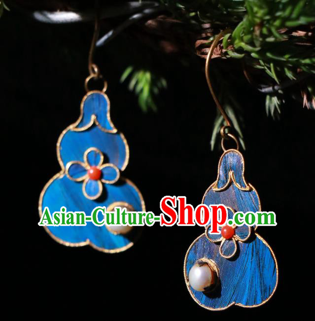 Chinese Ancient Palace Blueing Gourd Ear Accessories Qing Dynasty Earrings Classical Pearl Jewelry