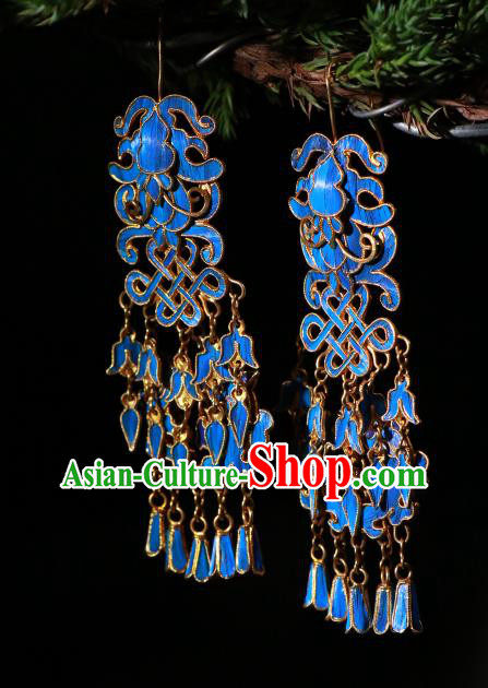 Chinese Qing Dynasty Blueing Lion Earrings Classical Cloisonne Jewelry Ancient Empress Ear Accessories