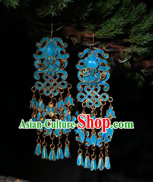 Chinese Qing Dynasty Blueing Lion Earrings Classical Cloisonne Jewelry Ancient Empress Ear Accessories