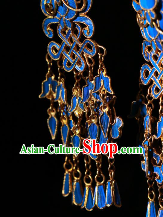 Chinese Qing Dynasty Blueing Lion Earrings Classical Cloisonne Jewelry Ancient Empress Ear Accessories