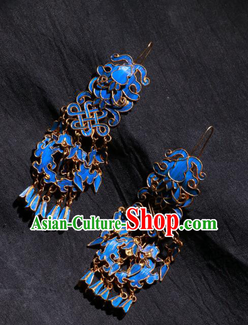 Chinese Qing Dynasty Blueing Lion Earrings Classical Cloisonne Jewelry Ancient Empress Ear Accessories