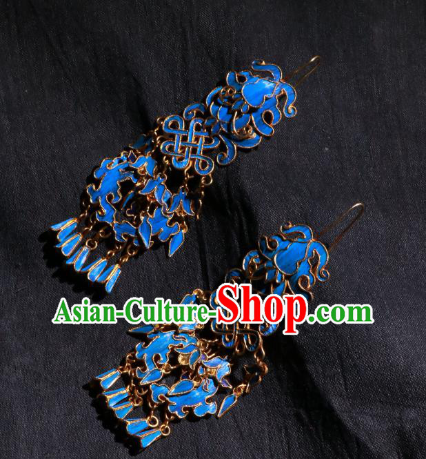 Chinese Qing Dynasty Blueing Lion Earrings Classical Cloisonne Jewelry Ancient Empress Ear Accessories
