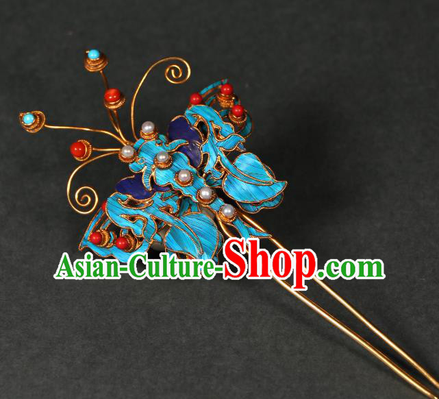 China Handmade Cloisonne Hair Accessories Qing Dynasty Pearls Hairpin Ancient Empress Butterfly Hair Stick