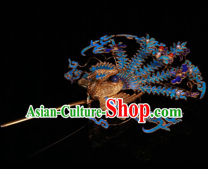 China Ancient Imperial Empress Filigree Phoenix Hair Stick Handmade Qing Dynasty Blueing Sapphire Hairpin