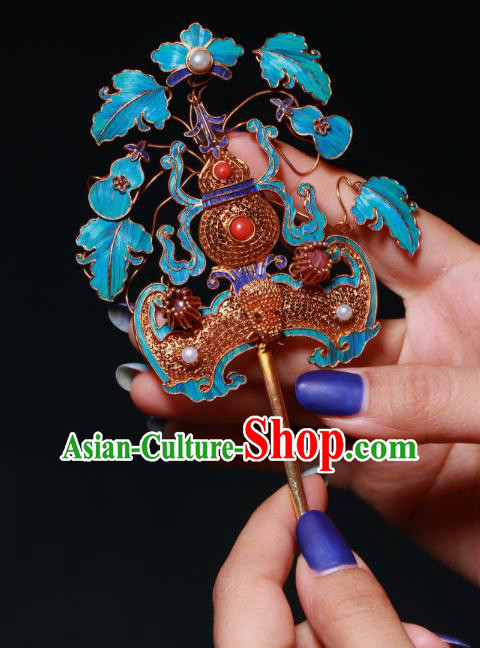China Handmade Qing Dynasty Queen Gems Hairpin Ancient Empress Filigree Bat Gourd Hair Stick Traditional Hair Jewelry