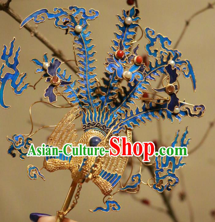 China Ancient Imperial Empress Filigree Phoenix Hair Stick Handmade Qing Dynasty Blueing Sapphire Hairpin