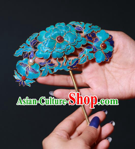 China Traditional Garnet Hair Jewelry Qing Dynasty Empress Hairpin Ancient Court Cloisonne Peony Hair Stick