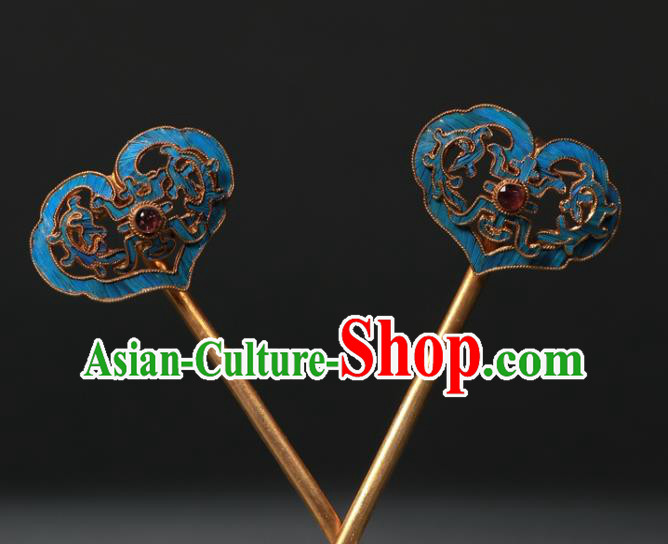 China Ancient Court Cloisonne Hair Stick Traditional Garnet Hair Jewelry Qing Dynasty Empress Hairpin