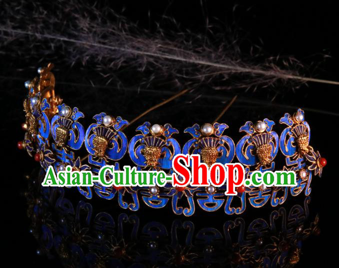 China Handmade Ming Dynasty Queen Pearls Hairpin Ancient Imperial Empress Blueing Phoenix Hair Crown