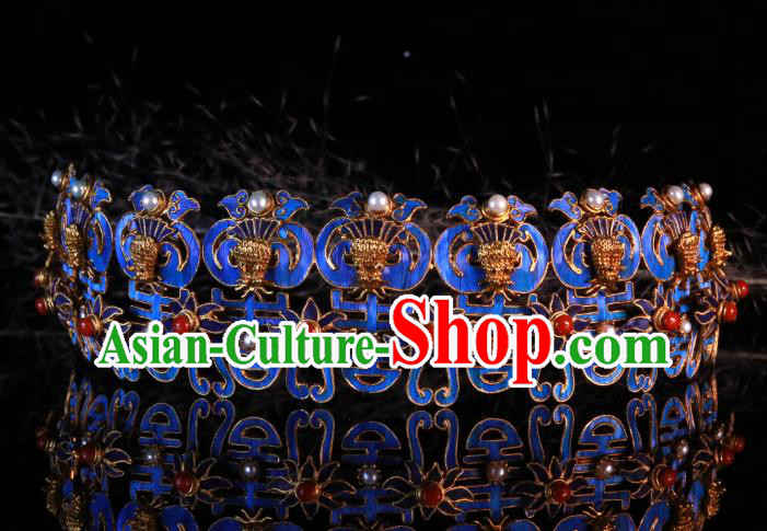 China Handmade Ming Dynasty Queen Pearls Hairpin Ancient Imperial Empress Blueing Phoenix Hair Crown