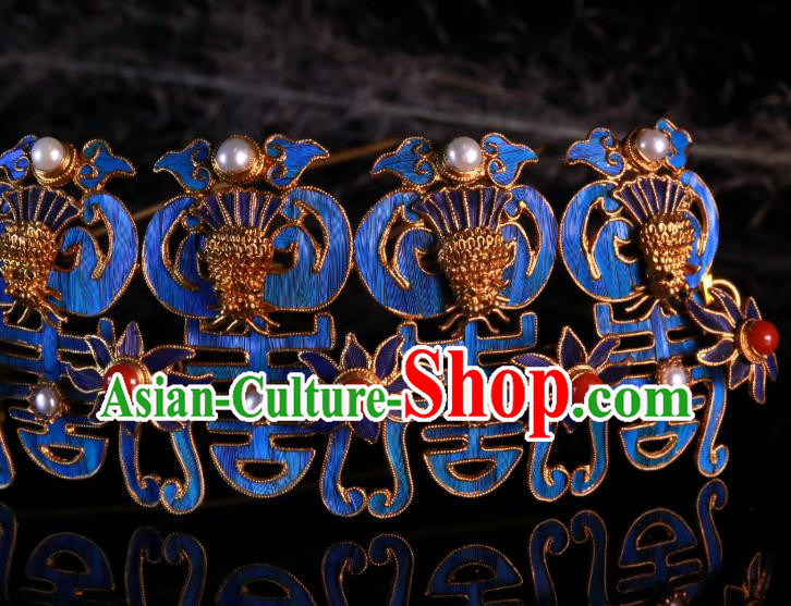 China Handmade Ming Dynasty Queen Pearls Hairpin Ancient Imperial Empress Blueing Phoenix Hair Crown