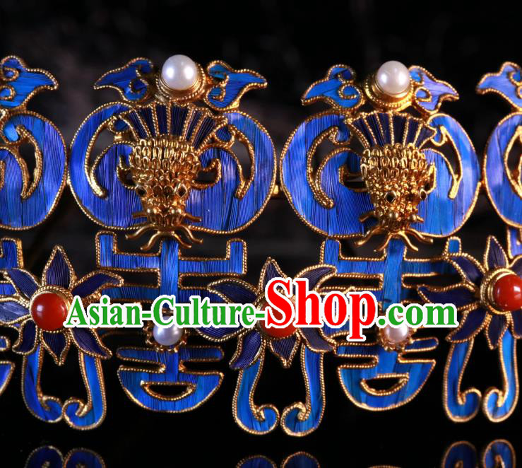 China Handmade Ming Dynasty Queen Pearls Hairpin Ancient Imperial Empress Blueing Phoenix Hair Crown