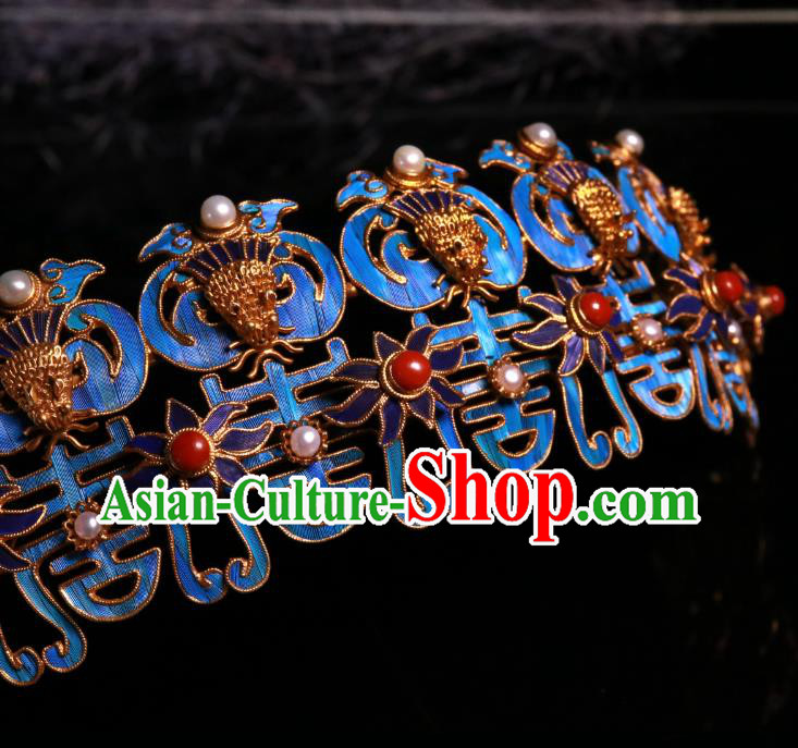 China Handmade Ming Dynasty Queen Pearls Hairpin Ancient Imperial Empress Blueing Phoenix Hair Crown