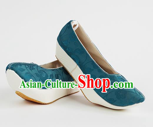 Handmade Chinese Platform Shoes Ancient Song Dynasty Princess Shoes Traditional Hanfu Blue Silk Shoes