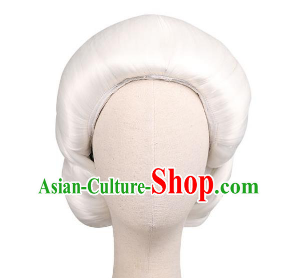 Handmade Chinese Ancient Elderly Woman White Wig Sheath Traditional Ming Dynasty Dowager Countess Wigs Chignon Headwear