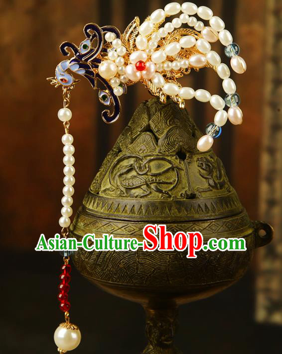 China Qing Dynasty Empress Pearls Hair Stick Traditional Ancient Court Lady Hair Jewelry Phoenix Tassel Hairpin