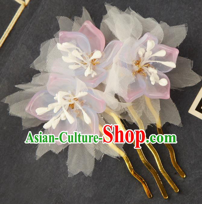 China Ming Dynasty Young Lady Hair Comb Traditional Ancient Court Hair Jewelry Pink Peach Blossom Hairpin