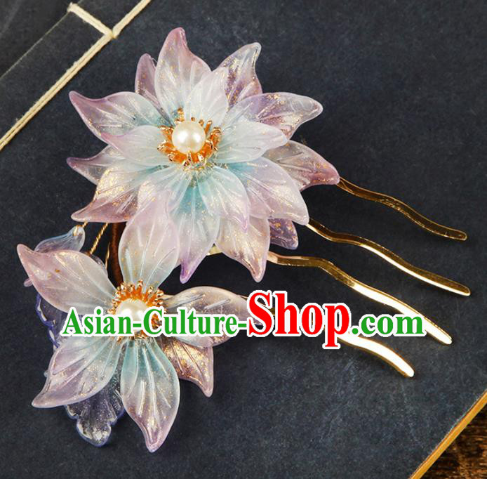 China Traditional Ancient Court Hair Jewelry Hairpin Ming Dynasty Young Lady Pink Lily Flowers Hair Comb