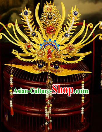 China Traditional Ancient Queen Hair Jewelry Tassel Phoenix Hairpin Ming Dynasty Empress Golden Hair Crown