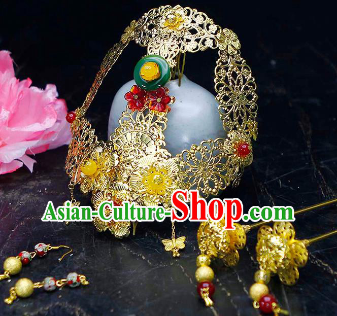 China Traditional Qin Dynasty Queen Mi Yue Accessories Ancient Empress Golden Hair Crown and Hairpins