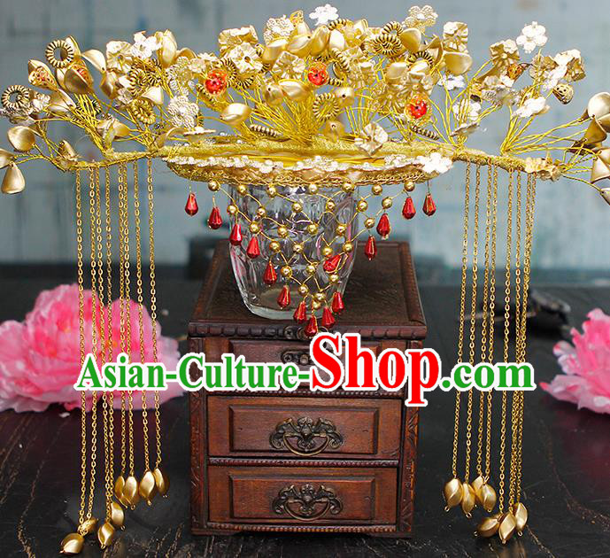 China Traditional Wedding Hair Accessories Ancient Bride Golden Phoenix Coronet Headpieces