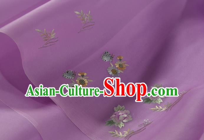 Chinese Suzhou Embroidered Peony Purple Silk Traditional Hanfu Silk Fabric